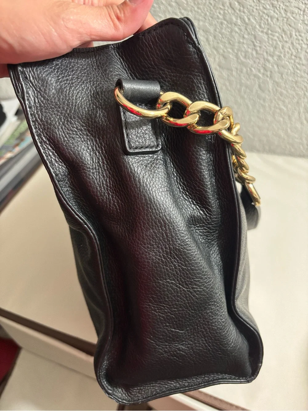 Michael Kors Black Leather Satchel with Gold Plate Accents